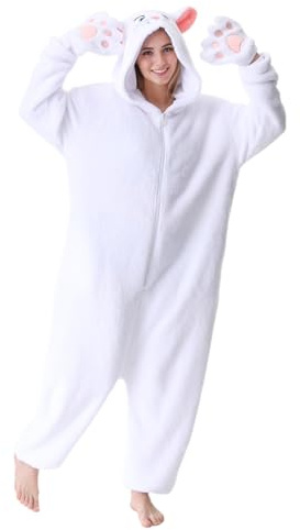Laahoem Animal Persan Chat Pyjama Homme Femme Adulte à Capuche Homme Femme Combinaison Costume Cosplay Vêtements de Nuit White S
