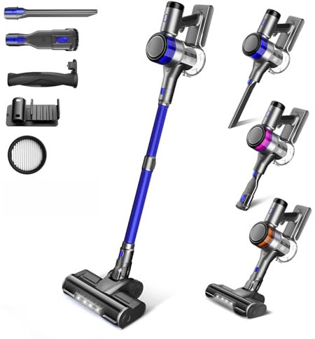 Aspirapolvere Senza Fili, Scopa Elettrica Senza Fili Potente 45Kpa, 55Min Autonomia, Batteria Rimovibile, Display LED, Aspirapolvere Senza Sacco Anti-groviglio per Peli Animali Tappeti Pavimenti