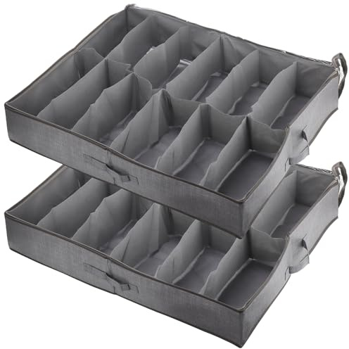 SINJEUN Lot de 2 Sacs de Rangement Chaussures, avec Fenêtre Transparente, Boite Rangement Sous Lit Pliable avec Poignées, pour Organisateur Chaussures, 12 Compartiments, Gris