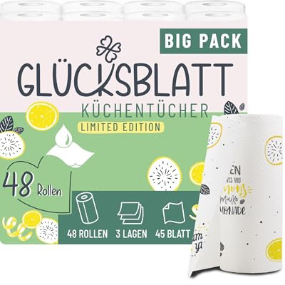 Glücksblatt Küchentücher mit bedruckten Motiven, 48 Rollen á 45 Blatt, 3-lagige Küchenrollen, 100% Zellstoff, nachhaltig, saugstarke Haushaltsrollen, Allzwecktücher, Papiertücher, Papierhandtücher