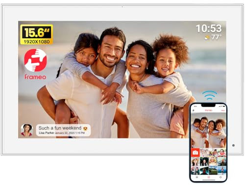 15.6“ FRAMEO Digital Photo Frame WiFi Digital Picture Frame with 32GB Storage 1920x1080FHD IPS Touch Screen Share photos & videos remotely via the Frameo app,Wall Mountable for Family