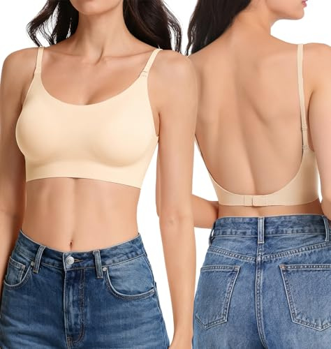 Anncude Low Back Bra Seamless Multiway Bralette - Scoop Neck Backless Bras for Women Padded Spaghetti Thin Strap Wireless Bra Nude
