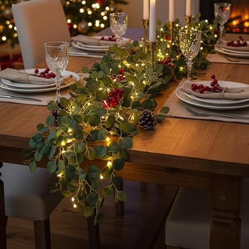 2M Olive Vine Garland with 100 Warm LED Fairy Lights, Battery Operated with Remote & 8 Modes Timer, Flexible Artificial Olive Leaf Garland for Mantel,Wedding, Christmas & Home Decor (Green, 2m)