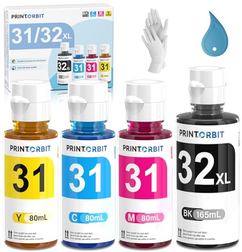 PRINTORBIT 31 32XL Bouteille Encre Compatible avec HP Smart Tank 5105 5108 7005 7006 7306 7605 555 559 570 655 670 720 790 Imprimante (Noir, Cyan, Magenta, Jaune)