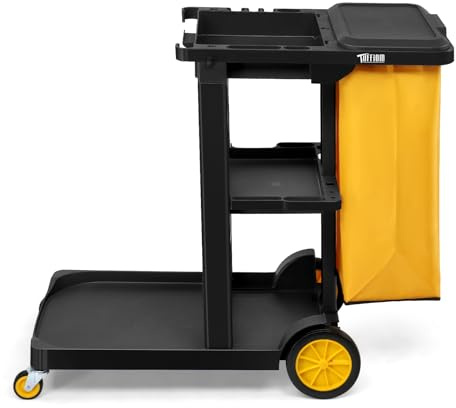 ROVSUN Carro de Limpieza Multifuncional con 3 estantes y Bolsa de Basura de 57 l, extraíble, Carrito de Servicio con Ruedas TPR para Limpieza, Tapa abatible y Gancho para Colgar, 230 kg (Negro 1)