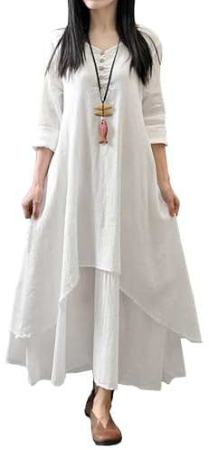 R.Vivimos Women Long Sleeve Cotton Casual Loose Plus Size Irregular Long Dresses (Small, White)