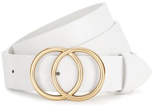 JasGood Damen Ledergürtel Mode Doppel O-Ring Schnalle Gürtel für Jeans Hosen Kleider,Weiß,100cm