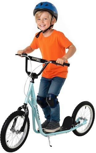 HOMCOM Trottinette patinette pour Enfants à partir de 5 Ans Grands pneus en Caoutchouc Guidon réglable poignée Frein et béquille Acier Charge Max. 100 Kg Bleu