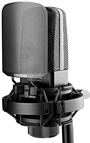Takstar Micrófono de grabación con diafragma chapado en oro grande de 34 mm, micrófono de condensador XLR, soporte de choque, parabrisas, micrófono de estudio para transmisiones, transmisión de