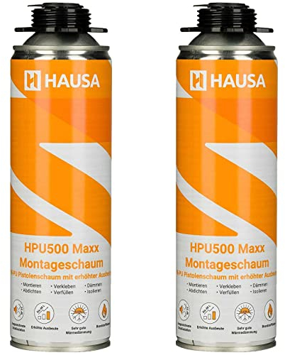HAUSA Montageschaum HPU500 Maxx 2x 500ml grau B2 Pistolenschaum zum Verfüllen, Dämmen & Abdichten, extrem hohe Ausbeute, ausgezeichnete Dämm- & Isoliereigenschaften, Bauschaum für Schaumpistolen