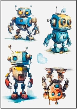 Juego de imágenes para planchar para textiles DIN A4, niños, niñas, niños, dinosaurios, unicornios, animales del bosque, grandes y pequeños, para planchar, diferentes diseños (7 – Robot)