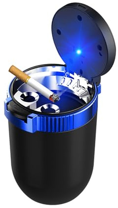 Dickno Car Ashtray with Lid, Detachable Stainless Smokeless Auto Ashtray, Portable Mini Vehicle Trash Can with LED Blue Light, Universal Interior Accessories for Cup Holder (Blue, 1 PC)