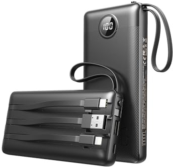 VEEKTOMX Power Bank 10 000 mAh powerbank med inbyggda kablar, bärbar laddare USB C 2,4 A snabbladdning, bärbar laddare med 5 utgångar och LED-skärm för iPhone 15 pro/iPad/Galaxy S22/Xiaomi och mer