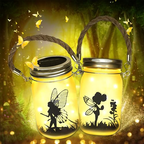 EUZLABBY 2 Stück Solar Laterne Hängen für Außen,Schmetterlingsfee im Einmachglas,IP44 Wasserdicht Gartenleuchte für Drauße,LED Solarlampe für Garten,Terrasse und Balkon Deko Aussen (Warm Weiß)