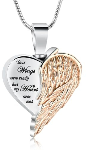 AIWENXI hjärta aska halsband för män kvinnor ängel vingar kremering souvenir urna smycken aska hänge smycken rostfritt stål souvenir gåvor medaljong smycken, Rostfritt stål