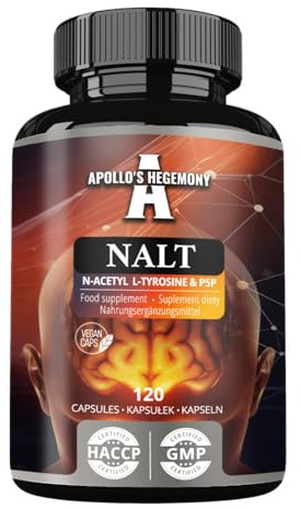 N-Acetyl-L-Tyrosine (NALT) 500mg et Vitamine B6 active (P-5-P) 2mg - 120 gélules - 4 mois d'approvisionnement - Supplément d'acides aminés de haute qualité - Booster cognitif - par Apollo's Hegemony