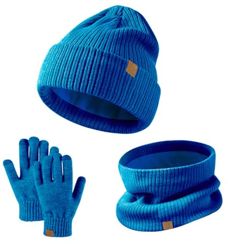 GWAWG Kids Winter Hat Scarf Gloves Set 3 PCS Warm Thermal Knitted Beanie Cap Snood Neck Warmer Touchscreen Mitten Soft Fleece Lining Elastic for Children Aged 5-12 Outdoor Sports (Blue)