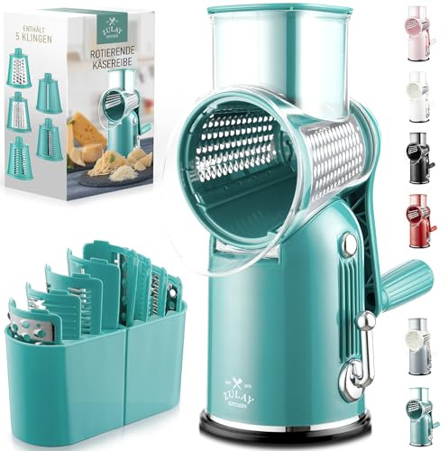 Zulay Kitchen Rotary Cheese Grater 5 Blade Cheese Shredder - Manual Hand Crank Cheese Grater With Reinforced Suction & 5 Interchangeable Drums - Easy to Use, Vegetable Chopper Round Mandoline Slicer