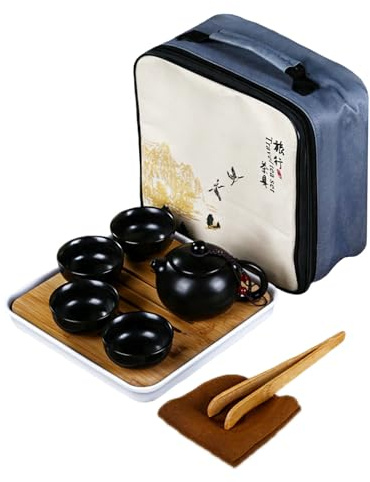 Servizio da Te Cinese, Set da The con Teiera e Tazze Ceramica, Set da Tè Kung Fu Tradizionale Portatile con 1 Teiera, 4 Tazze da Tè, 1 Vassoio da Tè e 1 Borsa da Viaggio (Nero)