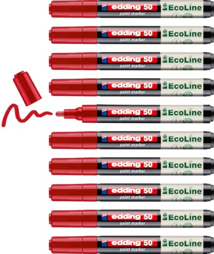 edding 50 EcoLine paint marker – red – pack of 10 – round nib 2-3 mm – water-based ink, highly opaque & waterproof – pen for glass, stone, wood, plastic and paper