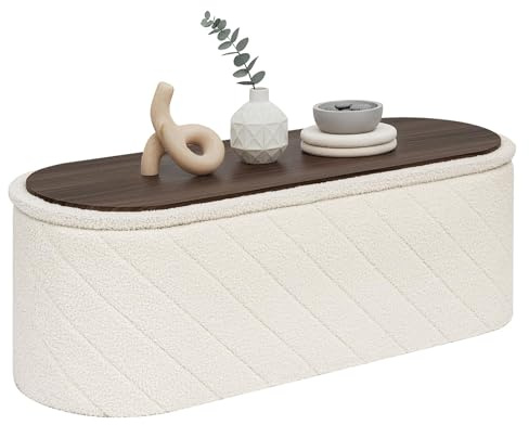 PINPLUS Banco de Almacenamiento Plegable Ovalado, Taburete Otomano Bouclé, Pie de Cama y Reposapiés para Salón, Dormitorio o Entrada, 110x38x38 cm, Blanco