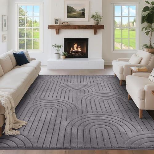 Puremy Wohnzimmerteppich, Kurzflor Teppich Wohnzimmer Schlafzimmer Kinderzimmer mit Hoch-Tief-Effekt, 3D Effekt, hohe Flordichte und angenehm weich, Moderner Bogenförmiges Design, 240x340cm, Grau