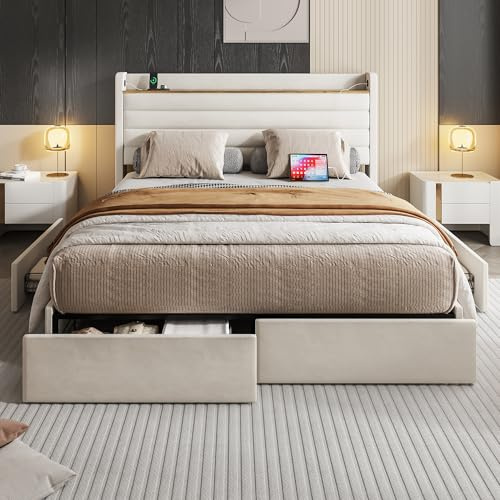 Moderno marco de cama tapizado de terciopelo, cabecero con puerto USB y función de almacenamiento, 4 cajones en la parte inferior del marco de la cama, 140 x 200 cm, color beige