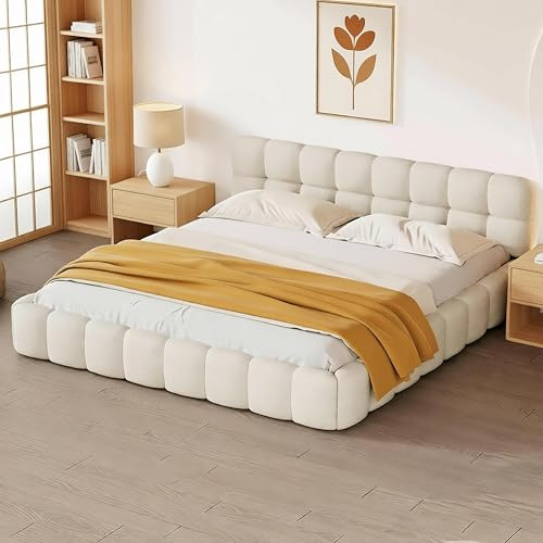 HFASD Lit double rembourré, 140 x 190 cm, avec sommier à lattes et dossier doux, avec tête de lit, en lin, sans matelas (beige, 140 x 190 cm)