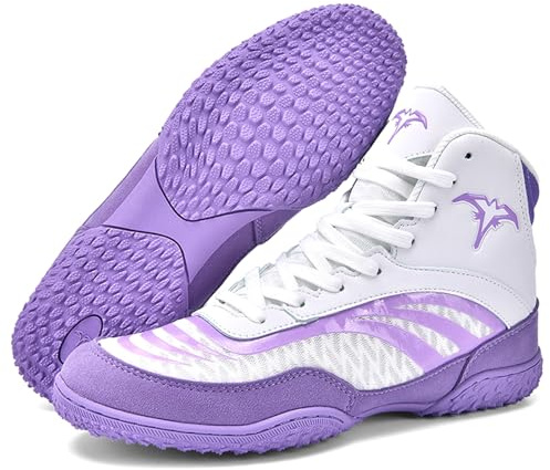 Hiuzylqx Calzado De Lucha Libre para Hombres Profesional Zapatos Boxeo Transpirables De Malla Zapatillas Deporte Lucha Caña Alta Botas De Fitness,White Purple,44 EU