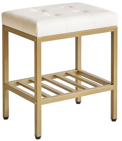 IBUYKE Stipite per trucco rettangolare con piedi regolabili e spazio di archiviazione, sgabello con poggiapiedi, sgabello da toeletta in PU, multifunzionale come tavolino laterale, bianco WBD017W