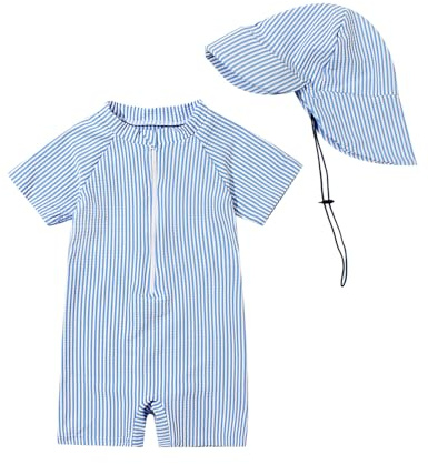 JiAmy Maillot de bain pour bébé garçon avec chapeau de soleil Protection UV Maillot de bain une pièce Maillot de bain Vêtements, bleu, 2-3 ans