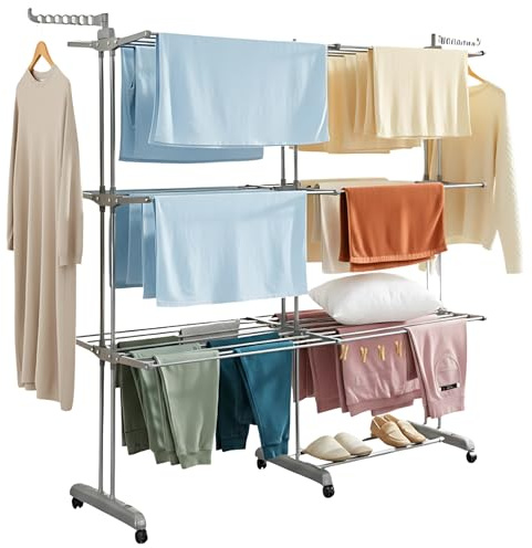 MELTA. Étendoir à Linge 4 Niveaux Extensible avec roulettes – Séchoir Pliable Grande Capacité 35 kg – Mobile, Verrouillable, pour Intérieur & Extérieur – Acier Renforcé – Gris