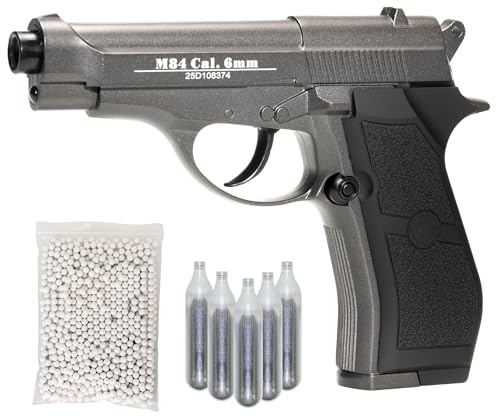 Pistola CO2 softair M84 full metal nera, POTENZA 0,9 JOULE, caricatore thin 15 colpi, sicura/singolo, CO2 nel calcio, 165mm 700g, bundle 1000 pallini + 5 bombolette