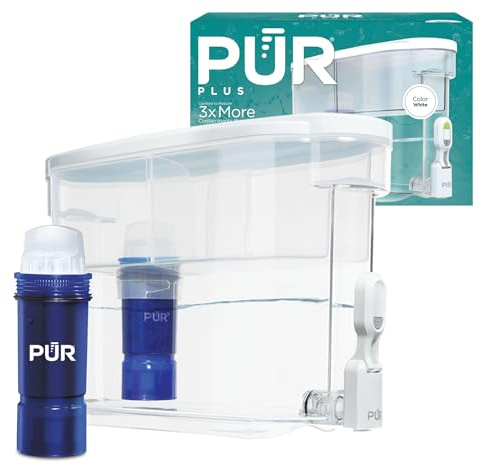 PUR PLUS 30-Cup Water Filter Dispenser with 1 Lead-Reducing PUR PLUS Filter, Dishwasher Safe, Powerful Filtration, Large Capacity with Slim, Space-Saving Design, White (DS1811Z)