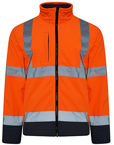 HuntaDeal Hi Viz VIS High Visibility Hi Viz Softshell Jacket Reflective Tape Weatherproof Work Coat High Vis Safety Workwear Security Road Works Fluorescent, Orange/Navy, M