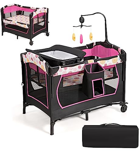 DREAMADE 4 en 1 Lit Parapluie Bébé 107x72x119 CM avec Table à Lange&Matelas Lit Cododo Tout-Petites 0-3 Ans avec Porte-Couche,Musicaux,Hauteur Réglable,Roues avec Freins,Jouets (Noir+Rose)