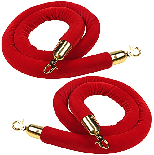 Belle Vous 2 Pack Red Velvet Barrier Rope - W150 x D3.5cm / 59.1 x 1.38 Inches - Polished Gold Snap Hooks for Ball Top Stanchion Post Hanging - Thick Queue Line Divider & Crowd Control Barrier