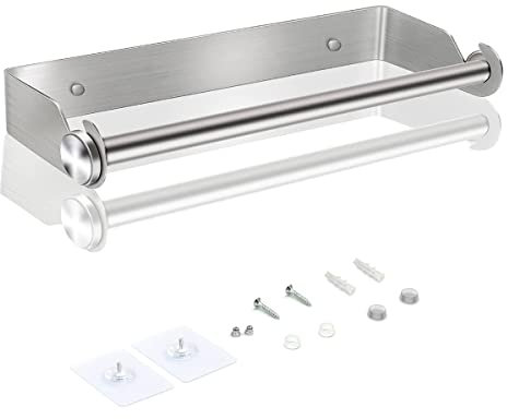 DDS-DUDES 13 inches Kitchen Paper Roll Holder Wall Mounted and Self Adhesive No Drilling Paper Roll Dispenser Stainless Steel Brushed Nickel (silver-2)