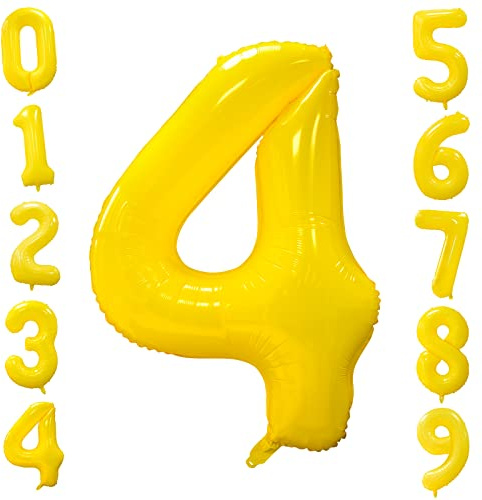 Ousuga Yellow Number 4 Balloon, 40 Inch Number 0-9 Birthday Age Balloons Large Helium Foil Balloons Lemon Yellow Digit Balloons Party Decorations Birthday Anniversary Baby Shower Daisy Party Supplies