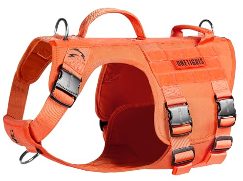 OneTigris Metallschnalle Hundegeschirr, Metall Taktisches Hundegeschirr Grosse Hunde, Verstellbar Brustgeschirr Mittelgroße Hunde 2 Griffe 3 Edelstahl D-Ring Orange L