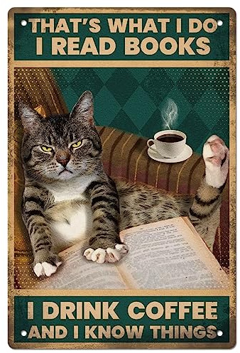 GLOBLELAND Les chats lisent des livres en métal rétro d'art panneaux d'affiches rétro Je lis un livre pour boire un café Les murs en métal décorés en fer 8x12inch adaptées à la cuisine décoration