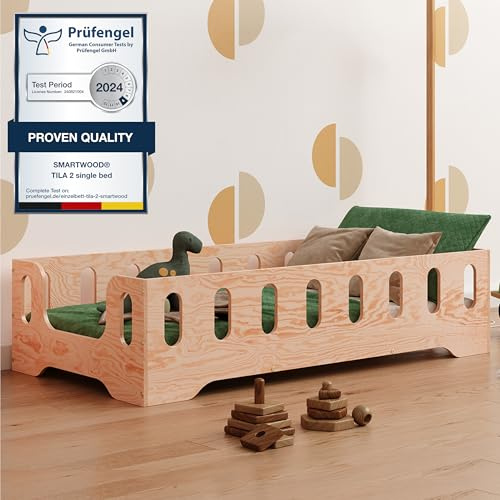 smartwood Golvsäng 80x180 - Montessori Barnsäng i trä med FSC-certifikat - TILA 2B med fallskydd och ribbotten, belastningsbar upp till 230 kg - Enkel montering