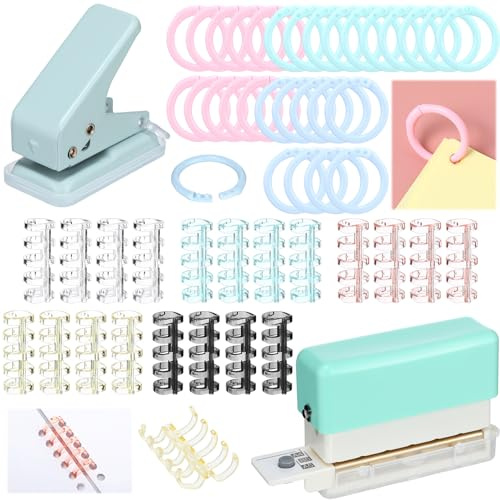 ReliThick 52 Pcs Binding Machine Set Includes 1 Pcs 6 Holes Binder Punch 1 Pcs Single Hole Binder Machine 20 Pcs 5 Ring Plastic Loose Leaf Binder Rings 30 Pcs Small Binder Rings for Home Office