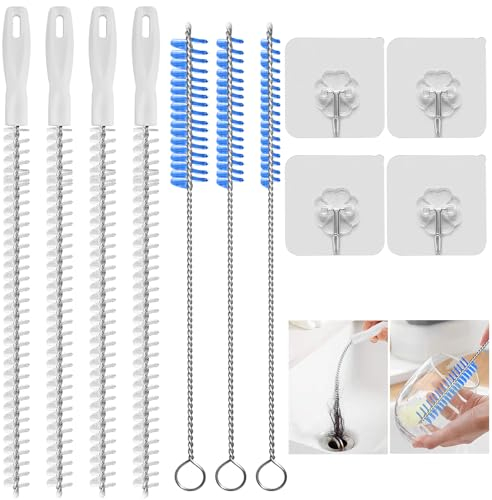 4 Pièces Brosse Canalisation, Goupillon Canalisation Flexible 45cm Brosse Nettoyage Drain Évier, Drague Outil pour Débouchage Tuyaux Égout Cuisine Salle de Bain, avec 4 Crochets + 3 Mini Brosses