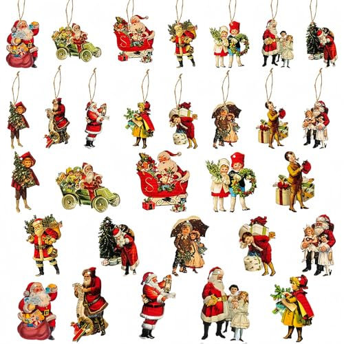 HuYiGGZ 46 Pcs Christmas Crafts Mini Christmas Figures Victorian Style Wood Ornaments Vintage Santa Wood Hanging Signs for Xmas Decor