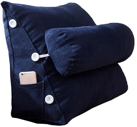 XIEMINLE Dreieckiges Lesekissen, Keil-Lendenkissen, Rückenstützkissen, Lendenwirbelstützkissen, Rückenlehnenkissen, Kopfteilkissen mit verstellbarem Nackenkissen (60 x 50 x 22 cm, Dunkelblau)