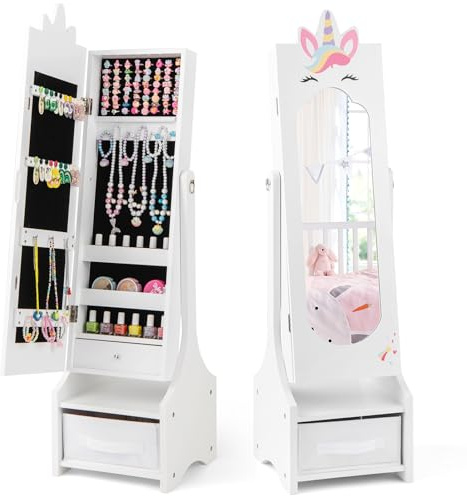 COSTWAY Armadietto Portagioie per Bambini 31,5 x 30 x 115cm, Specchio a Figura Intera a Forma di Unicorno con Ganci, Ripiani e Cassetti, Specchiera da Toeletta per Cameretta (Bianco)