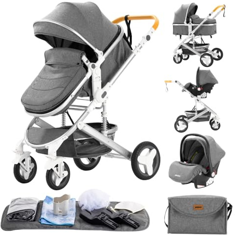 GLOKID Pram Baby prams 3 in 1 Travel System Baby Stroller Mosquito net, Rain Cover, Mommy Bag (530 Grey)