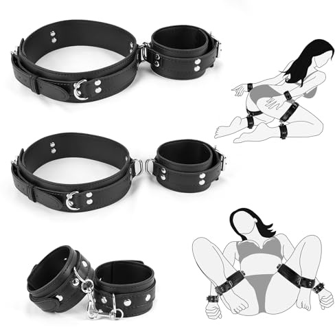 BDSM Sex Bondage Restraints Kit, 3 in 1 Wrist Thigh and Ankle Straps, Soft Leather Bed Restraints with Adjustable Leg Straps Handcuffs, Adult Sex Toys for Couples Women Unisex