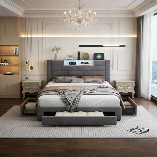 BRYXR 160x200cm Samtge Polsterbett,Doppelbett mit 3 Schubladen und LED-Beleuchtung,Funktionales Stauraumbett mit bequemem Kopfteil, stabilen Lattenrosten für perfekten Schlafkomfort